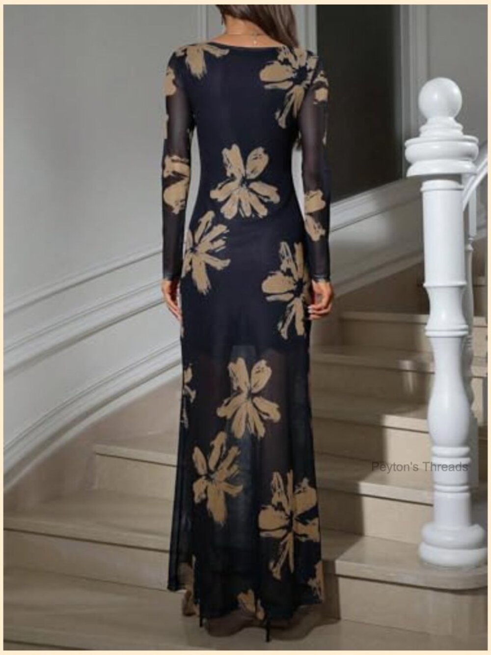 Floral Mesh Maxi Dress Elegant Formal Long Sleeve Wedding Guest Cocktail - Picture 3 of 5
